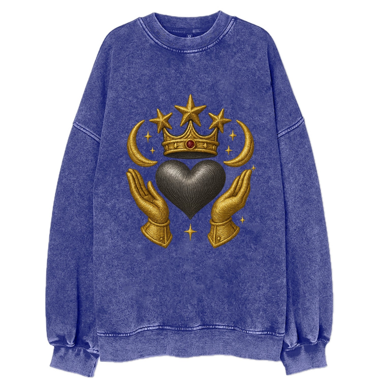 Sun goddess crown radiating golden rays over a midnight heart with - Vintage Sweatshirt - Blue
