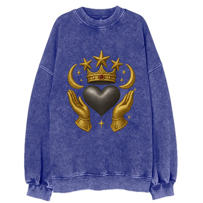 Sun goddess crown radiating golden rays over a midnight heart with - Vintage Sweatshirt - Blue