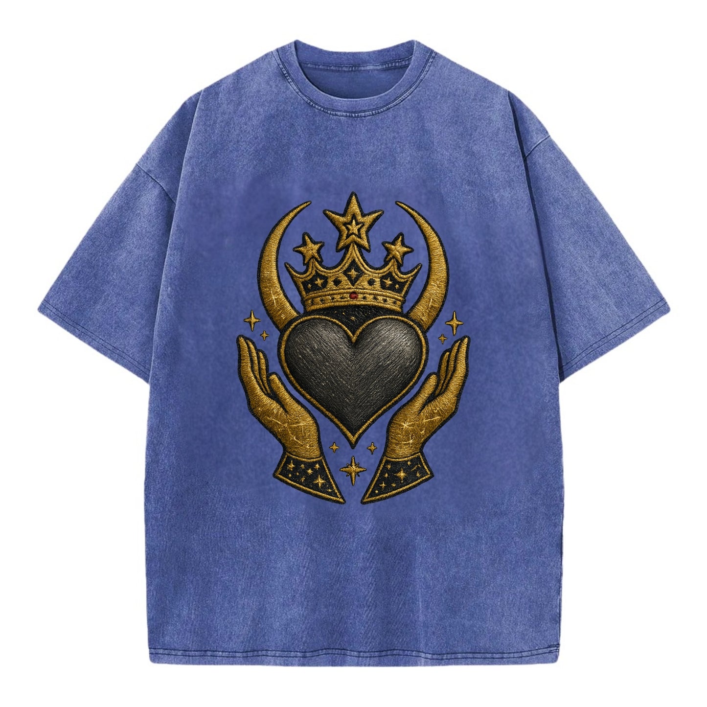 Celtic knot crown with woven strands merging into copper hands shielding a pewter - Vintage T-shirt - Blue