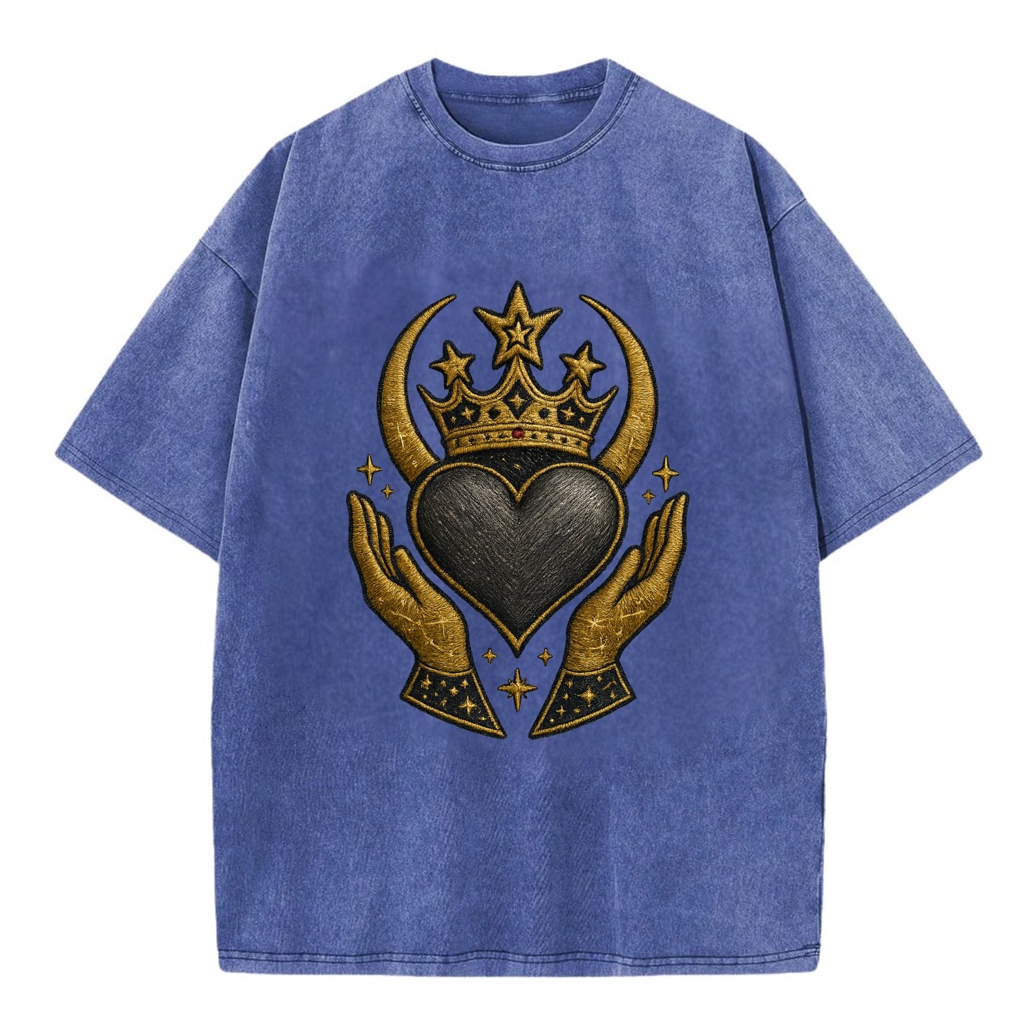Celtic knot crown with woven strands merging into copper hands shielding a pewter - Vintage T-shirt - Blue