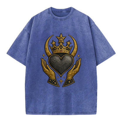 Celtic knot crown with woven strands merging into copper hands shielding a pewter - Vintage T-shirt - Blue