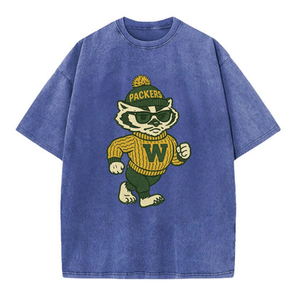 Wisconsin Badger wearing Packers green and gold beanie with pom pom and wayfarer - Vintage T-shirt - Blue