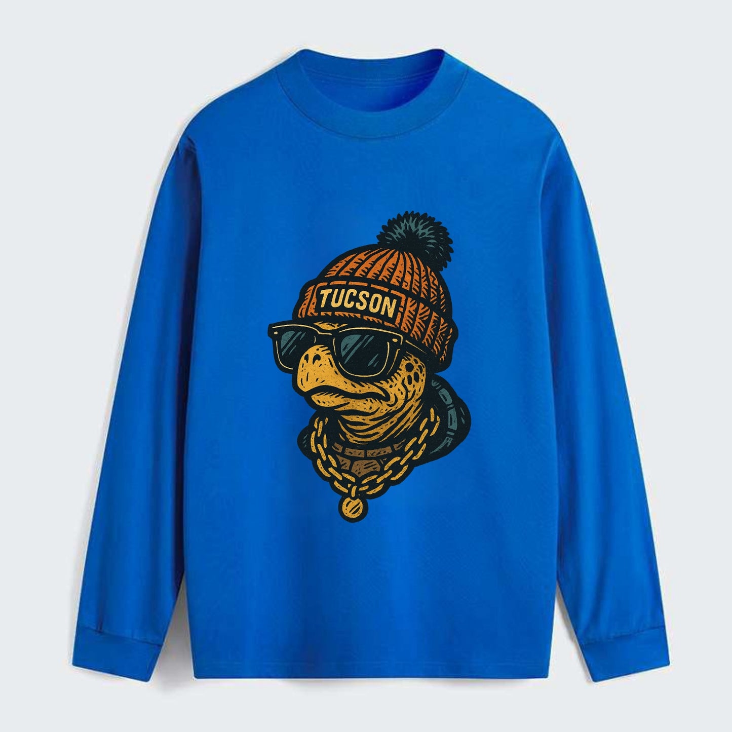 Tucson Desert Tortoise wearing Tucson beanie with pom pom and wayfarer - Classic Long Sleeve Shirt - Blue