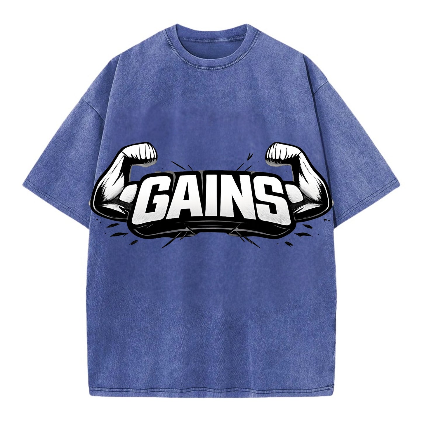 Bold typography design - "GAINS" - muscle growth, progress visible - Vintage T-shirt - Blue
