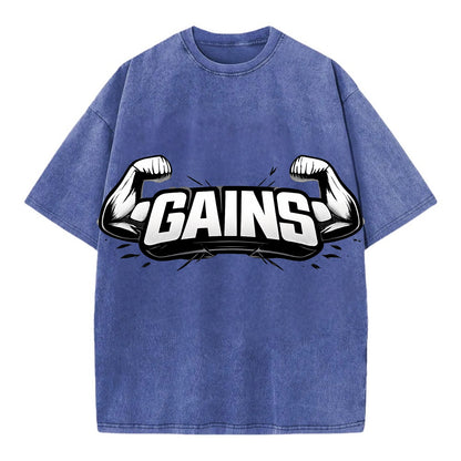 Bold typography design - "GAINS" - muscle growth, progress visible - Vintage T-shirt - Blue