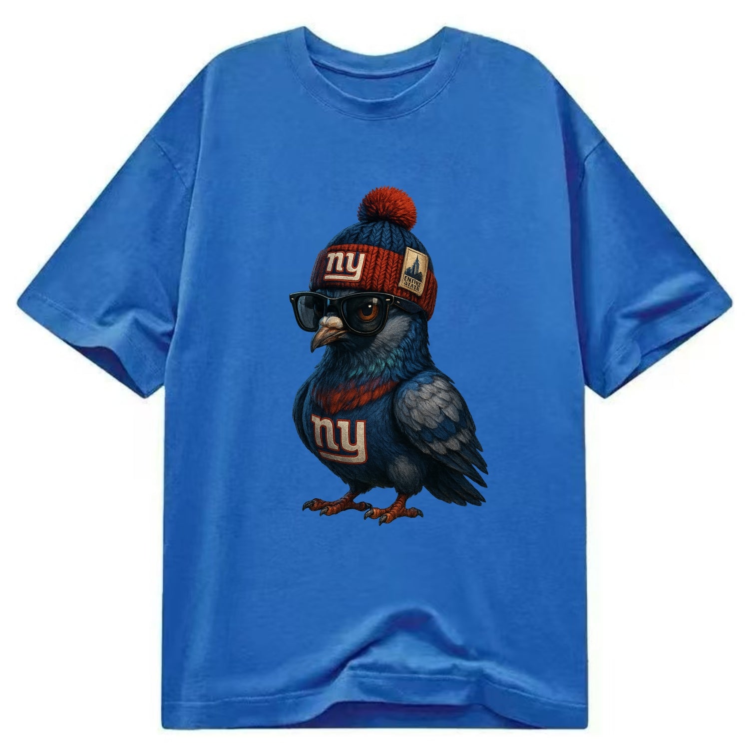 Manhattan Pigeon wearing Giants beanie with Empire State patch and wayfarer - Classic T-shirt - Blue
