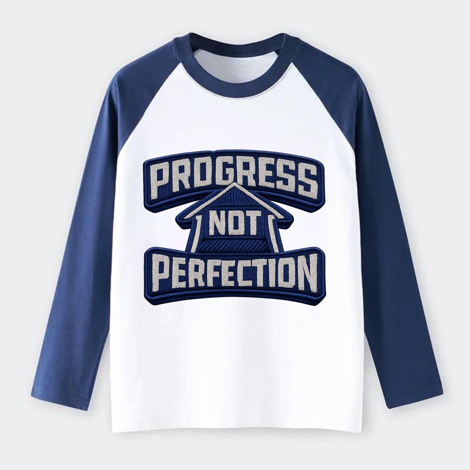 PROGRESS NOT PERFECTION - arrow with text in blue , growth mindset - Raglan Long Sleeve T-Shirt - Blue