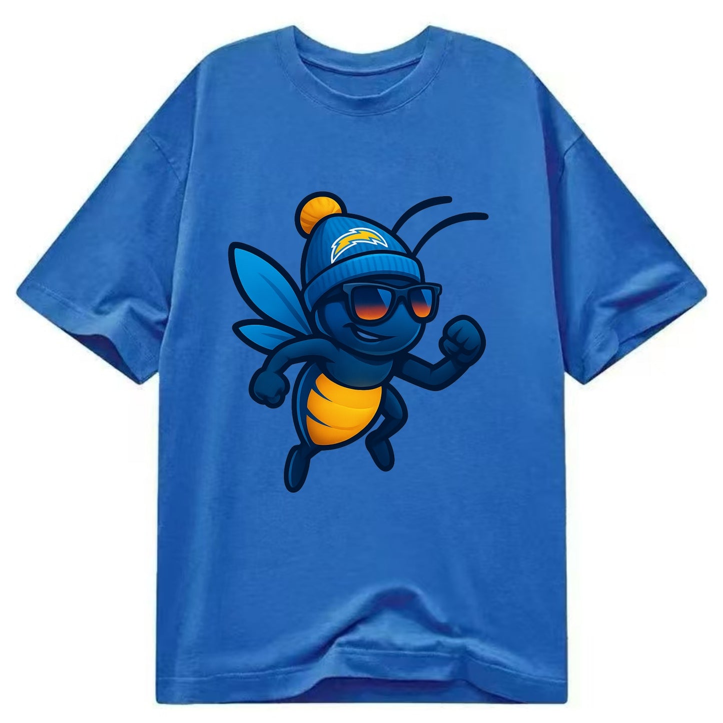 LA Lightning Bug wearing Chargers powder blue and gold beanie with pom pom and - Classic T-shirt - Blue