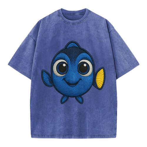 Baby Blue Tang - bright blue with yellow tail, big eyes, front-facing, Dory-style - Vintage T-shirt