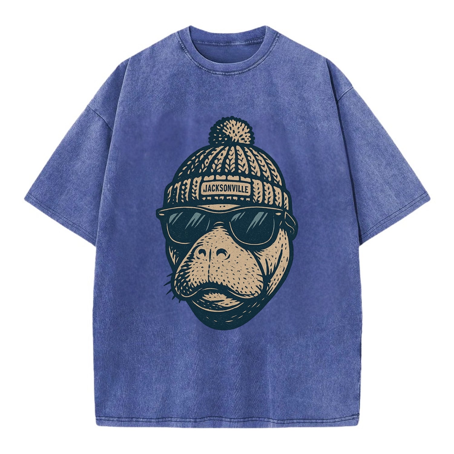 Jacksonville Manatee wearing Jacksonville beanie with pom pom and wayfarer - Vintage T-shirt - Blue