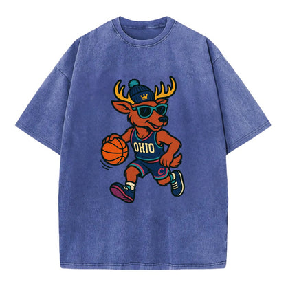 Ohio Deer wearing Cavs beanie with crown patch and wayfarer sunglasses - Vintage T-shirt - Blue