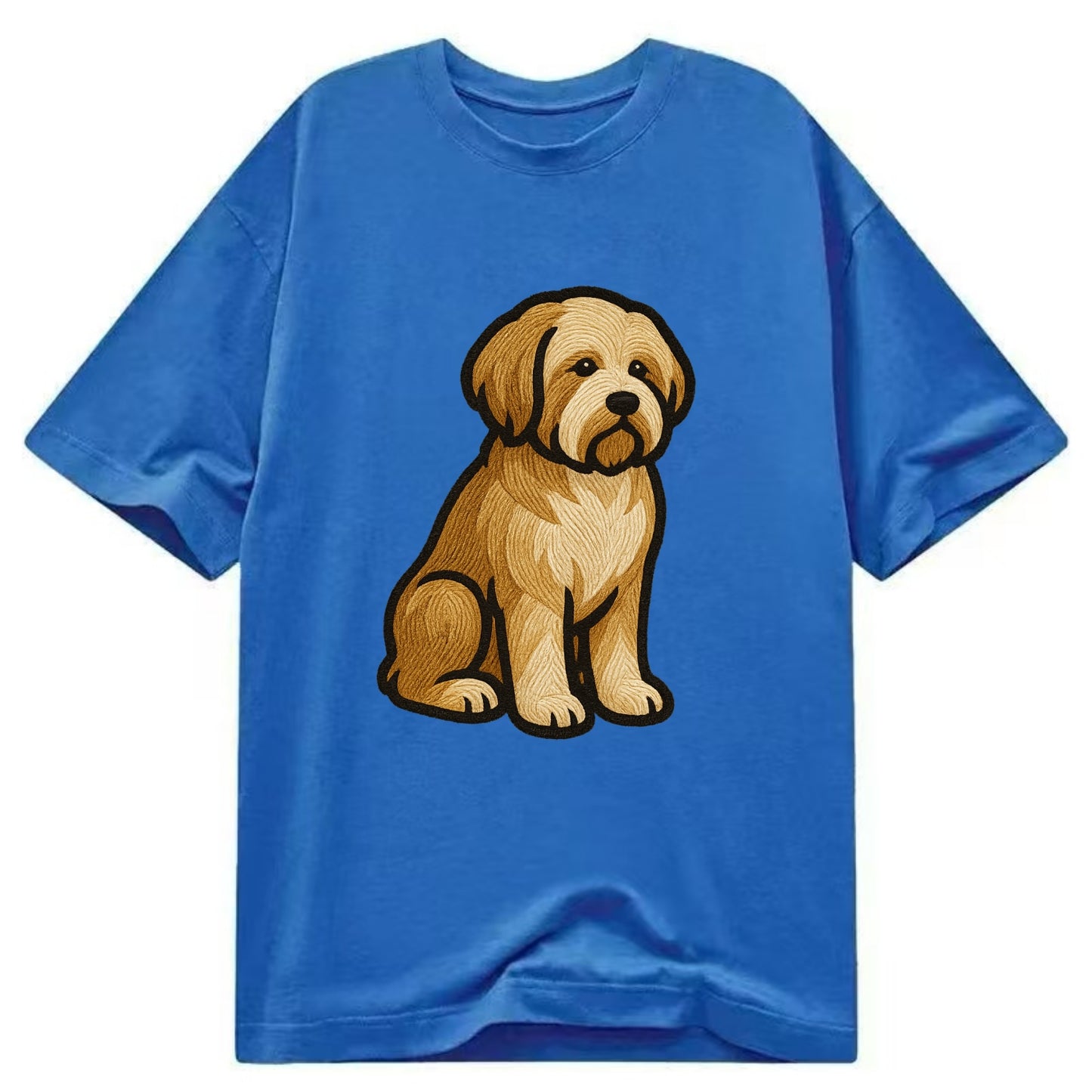 Tibetan Terrier - Gold and white embroidered sitting pose - Classic T-shirt - Blue