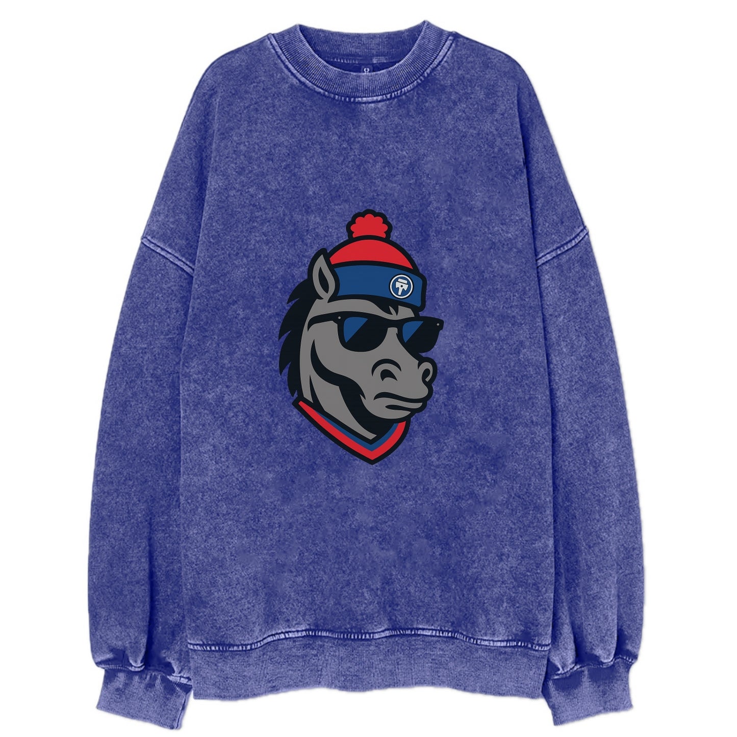 Detroit Stallion wearing Pistons red and blue beanie with piston patch and - Vintage Sweatshirt - Blue