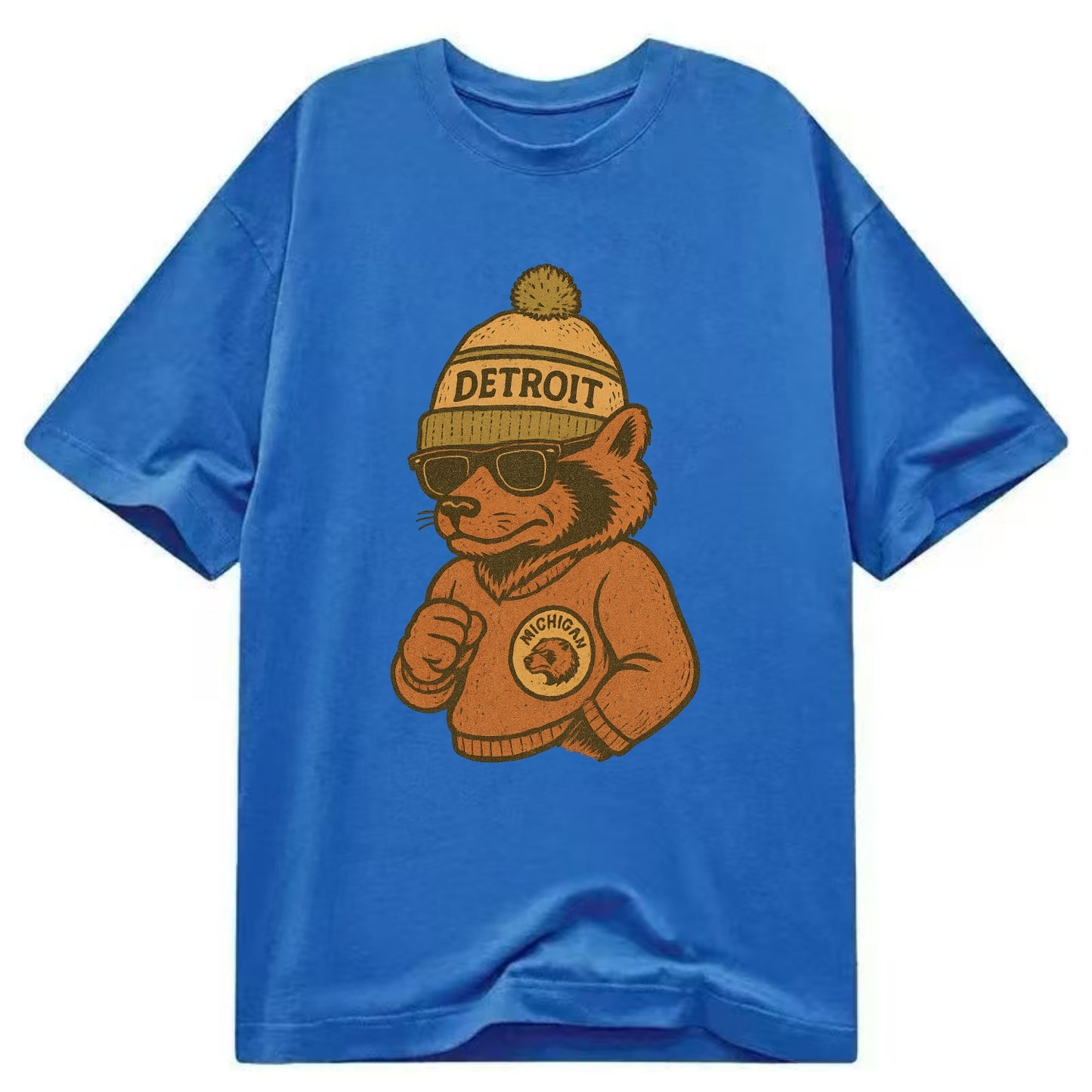 Michigan Wolverine wearing Detroit beanie with pom pom and wayfarer sunglasses - Classic T-shirt - Blue