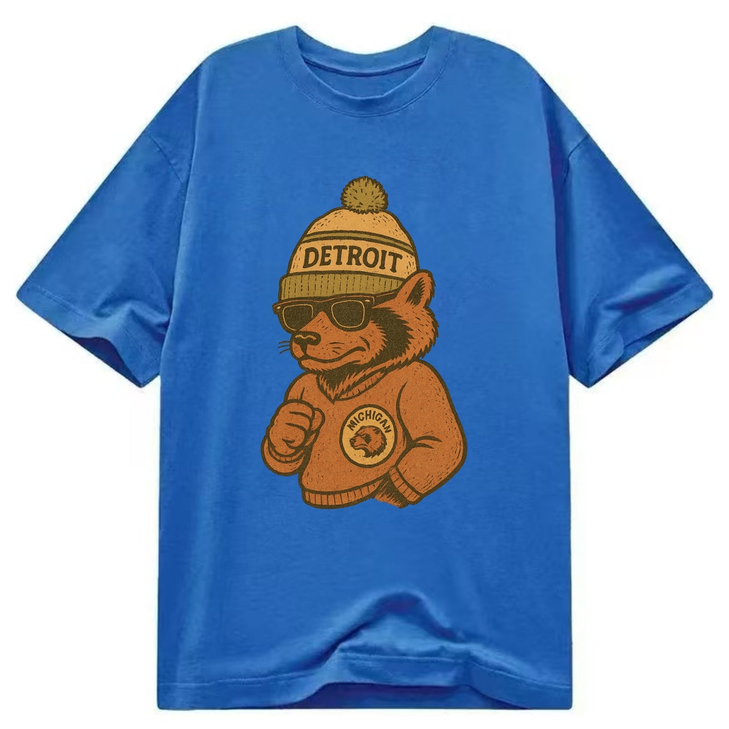 Michigan Wolverine wearing Detroit beanie with pom pom and wayfarer sunglasses - Classic T-shirt - Blue