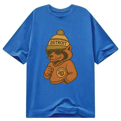 Michigan Wolverine wearing Detroit beanie with pom pom and wayfarer sunglasses - Classic T-shirt - Blue