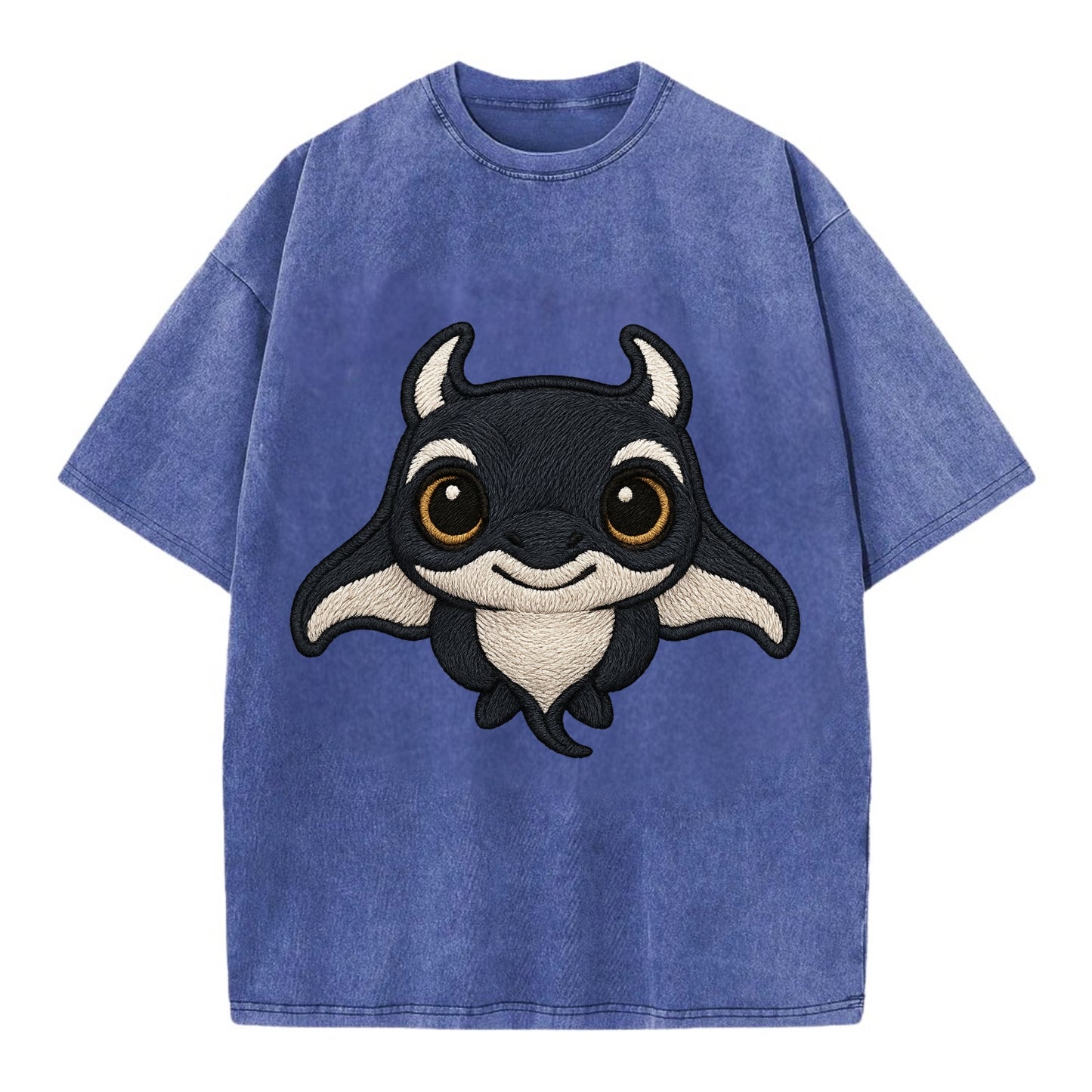 Baby Manta Ray - dark with white markings, cephalic fins, gentle eyes, - Vintage T-shirt - Blue