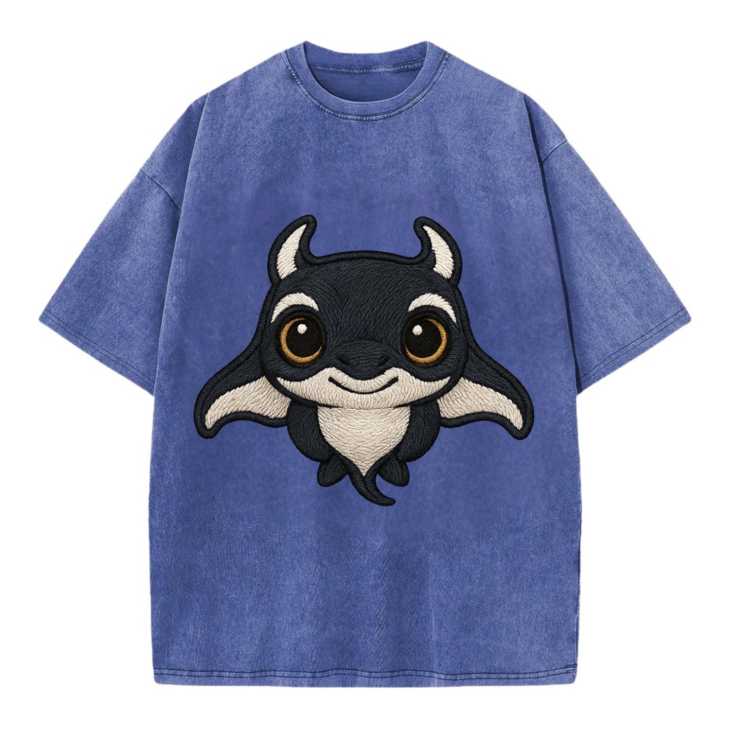 Baby Manta Ray - dark with white markings, cephalic fins, gentle eyes, - Vintage T-shirt - Blue