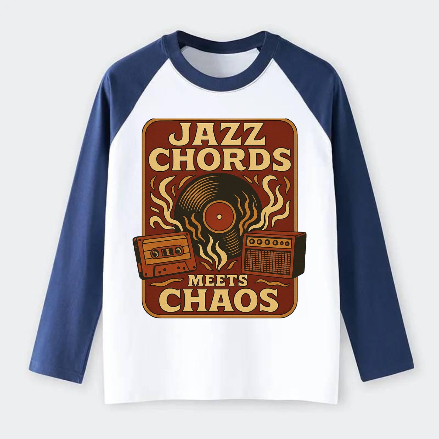 Jazz chords with hyperpop energy - "Jazz Meets Chaos" - unexpected - Raglan Long Sleeve T-Shirt - Blue