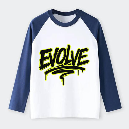 Bold typography design - "EVOLVE" - changing, becoming better - Raglan Long Sleeve T-Shirt - Blue