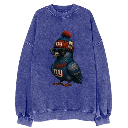 Manhattan Pigeon wearing Giants beanie with Empire State patch and wayfarer - Vintage Sweatshirt - Blue