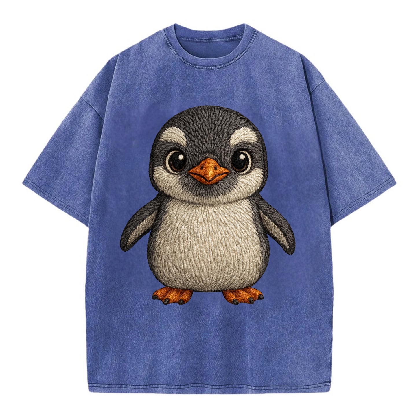 Baby Gentoo Penguin - orange beak, white cap, bright eyes, front-facing, energetic - Vintage T-shirt - Blue