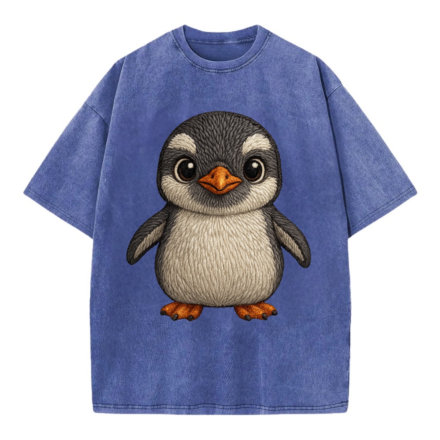 Baby Gentoo Penguin - orange beak, white cap, bright eyes, front-facing, energetic - Vintage T-shirt - Blue