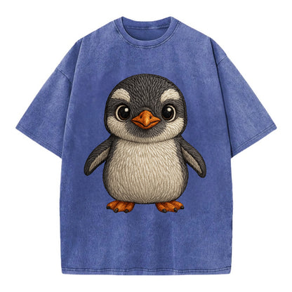 Baby Gentoo Penguin - orange beak, white cap, bright eyes, front-facing, energetic - Vintage T-shirt - Blue