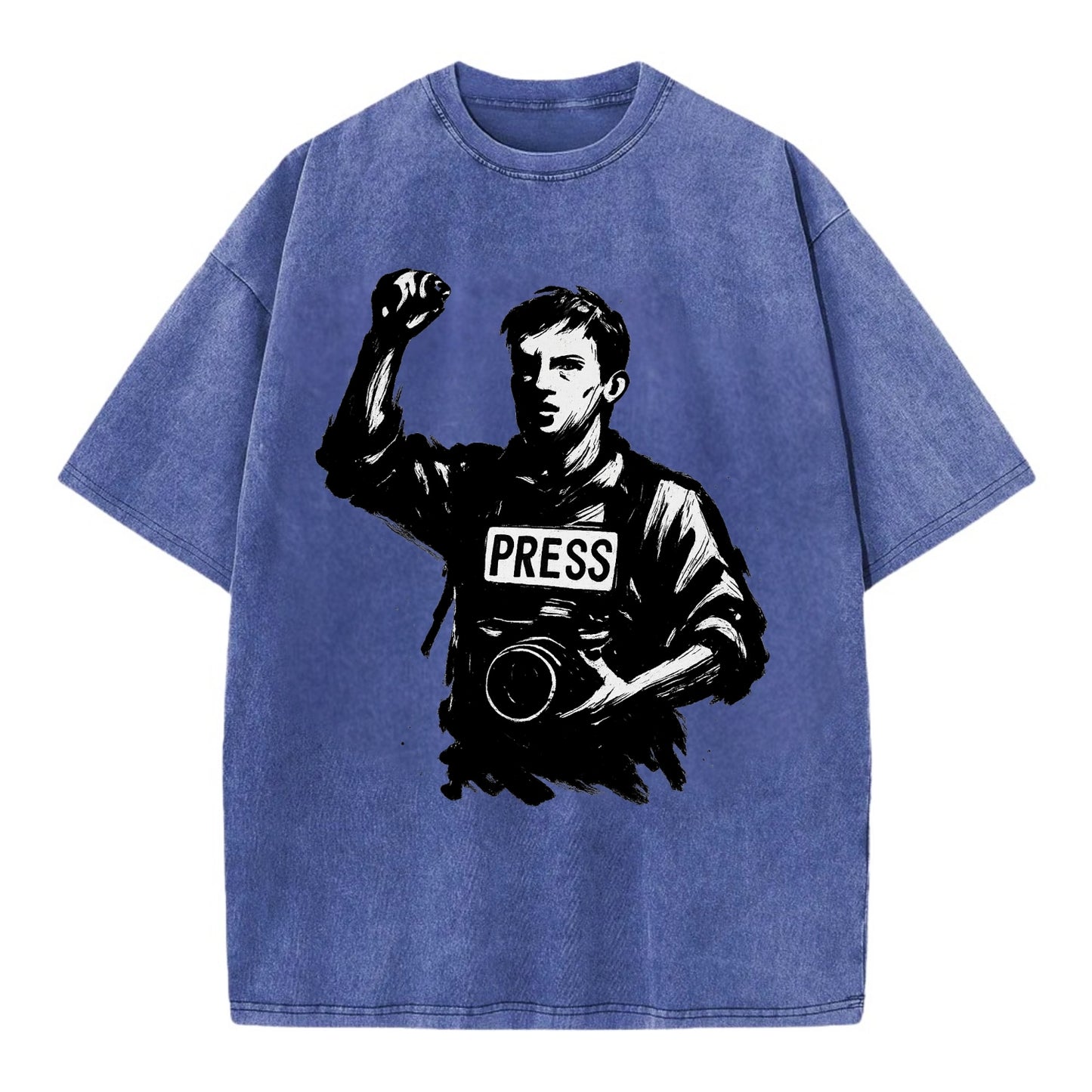 Journalist with camera - press freedom ink painting - Vintage T-shirt - Blue