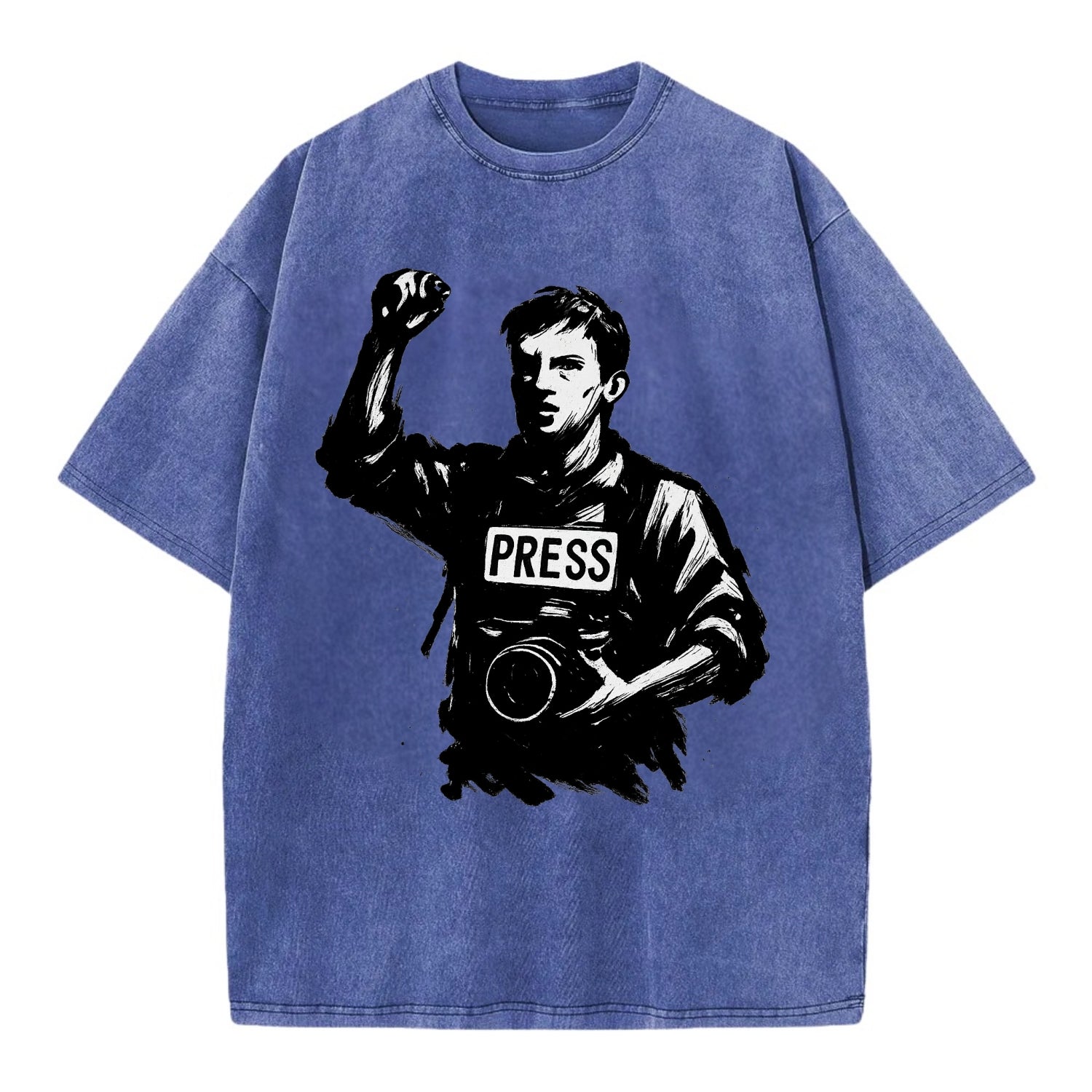 Journalist with camera - press freedom ink painting - Vintage T-shirt - Blue