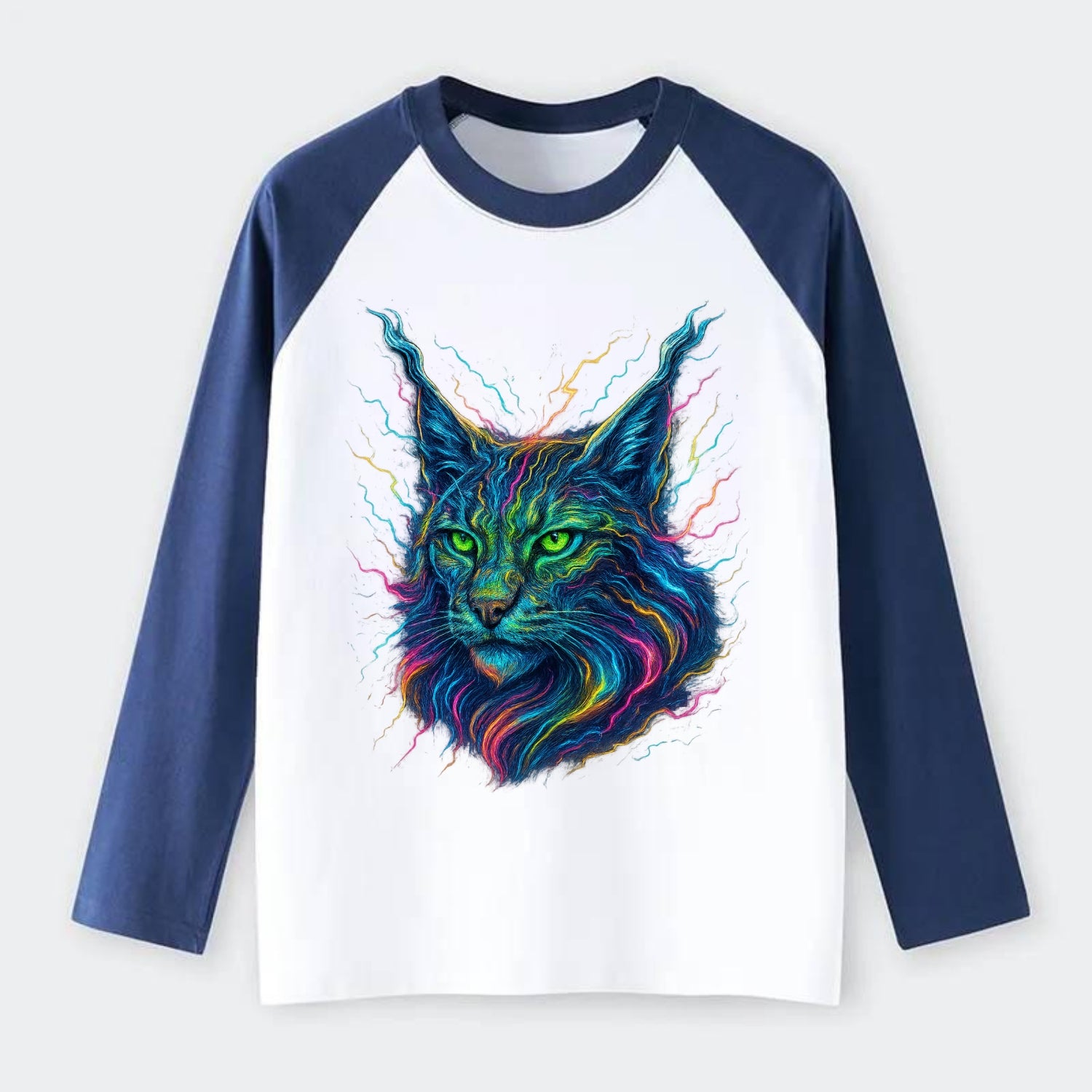 Wild lynx with ear tufts transforming into liquid mercury flows, - Raglan Long Sleeve T-Shirt - Blue