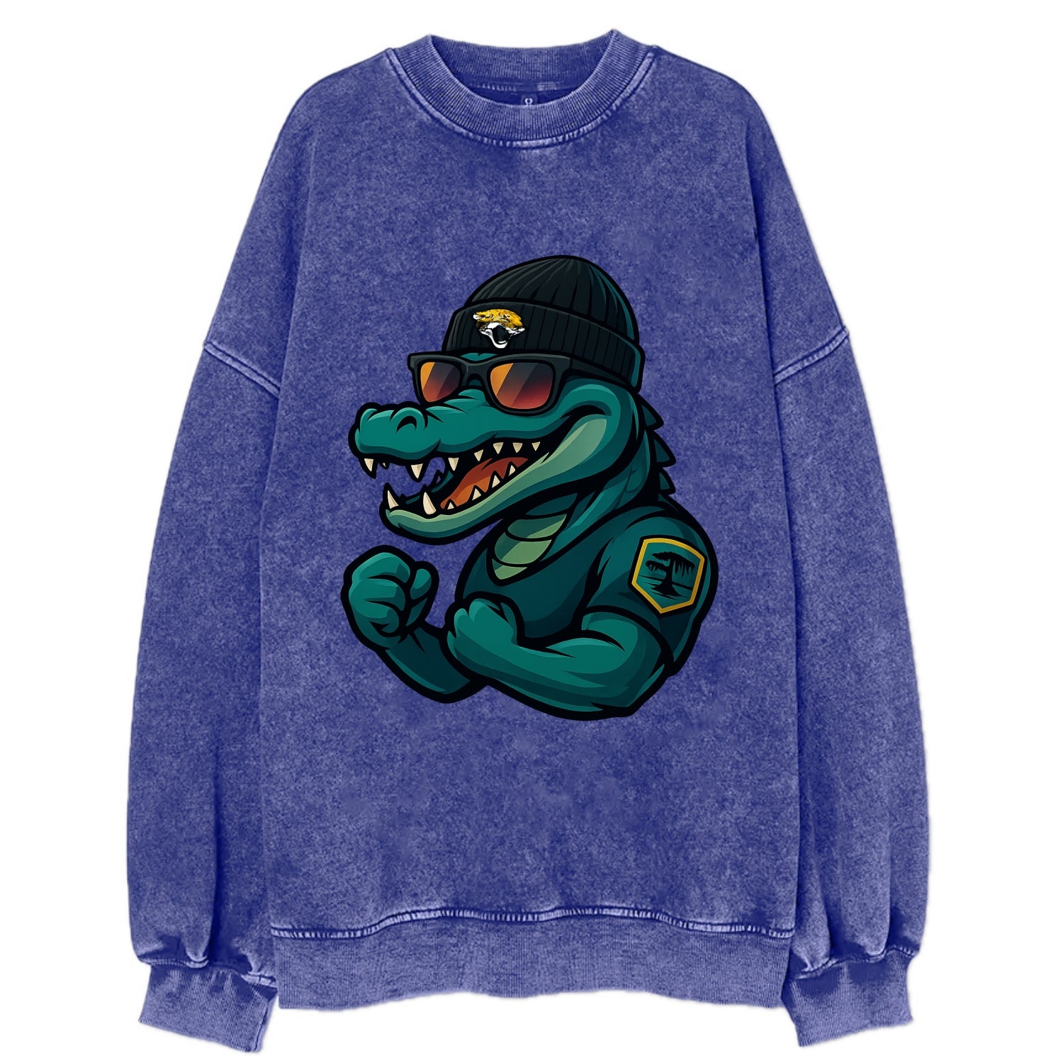 Jacksonville Alligator wearing Jaguars beanie with swamp patch and wayfarer - Vintage Sweatshirt - Blue