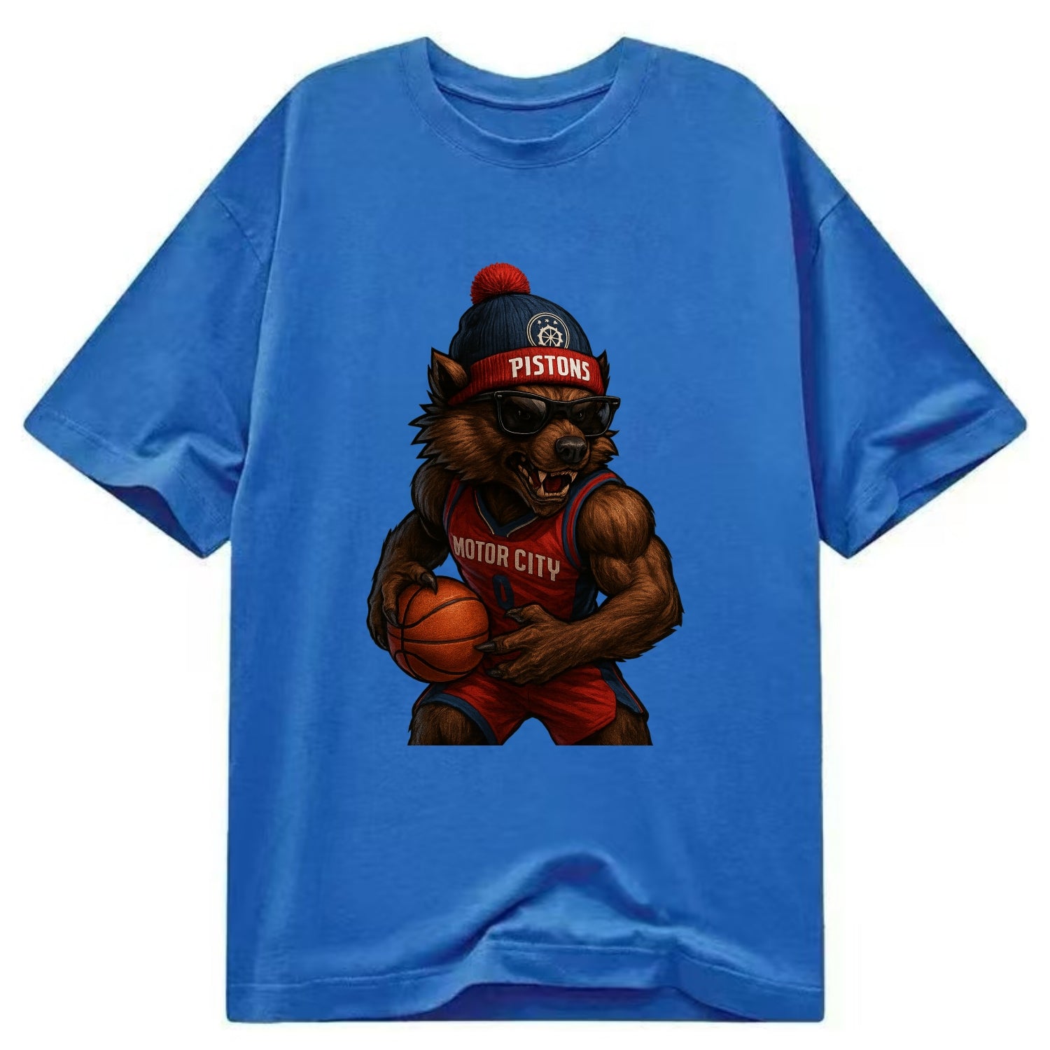 Motor City Wolverine wearing Pistons beanie with gear patch and wayfarer - Classic T-shirt - Blue