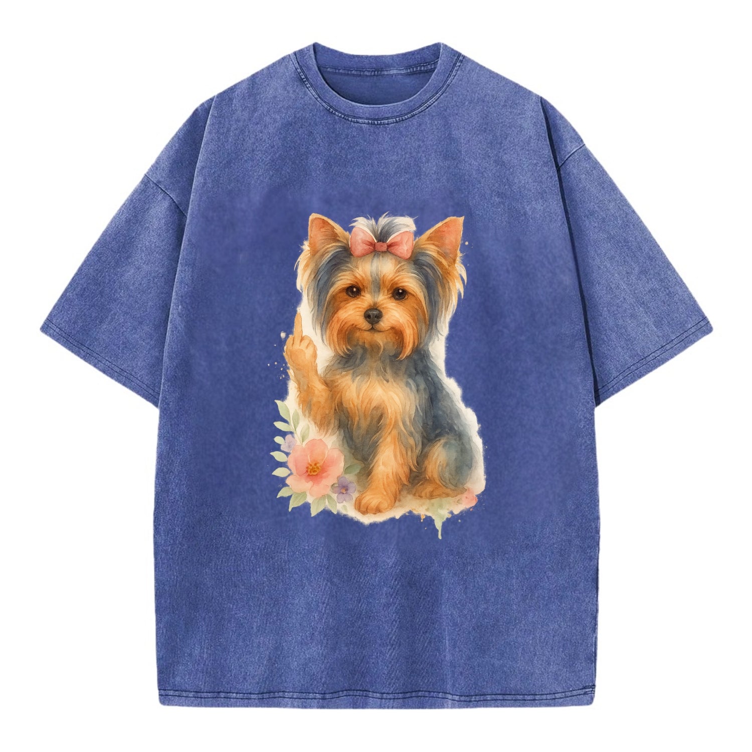 Yorkshire Terrier with topknot bow, one delicate paw flipping off - Vintage T-shirt - Blue