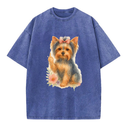 Yorkshire Terrier with topknot bow, one delicate paw flipping off - Vintage T-shirt - Blue