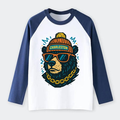 West Virginia Black Bear wearing Charleston beanie with pom pom and - Raglan Long Sleeve T-Shirt - Blue