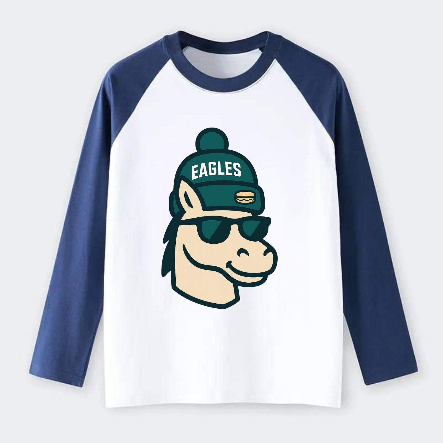 Philadelphia Horse wearing Eagles beanie with cheesesteak patch and - Raglan Long Sleeve T-Shirt - Blue
