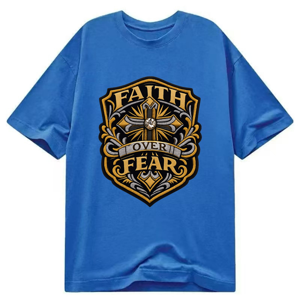 FAITH OVER FEAR - cross with text in gold , spiritual strength - Classic T-shirt - Blue