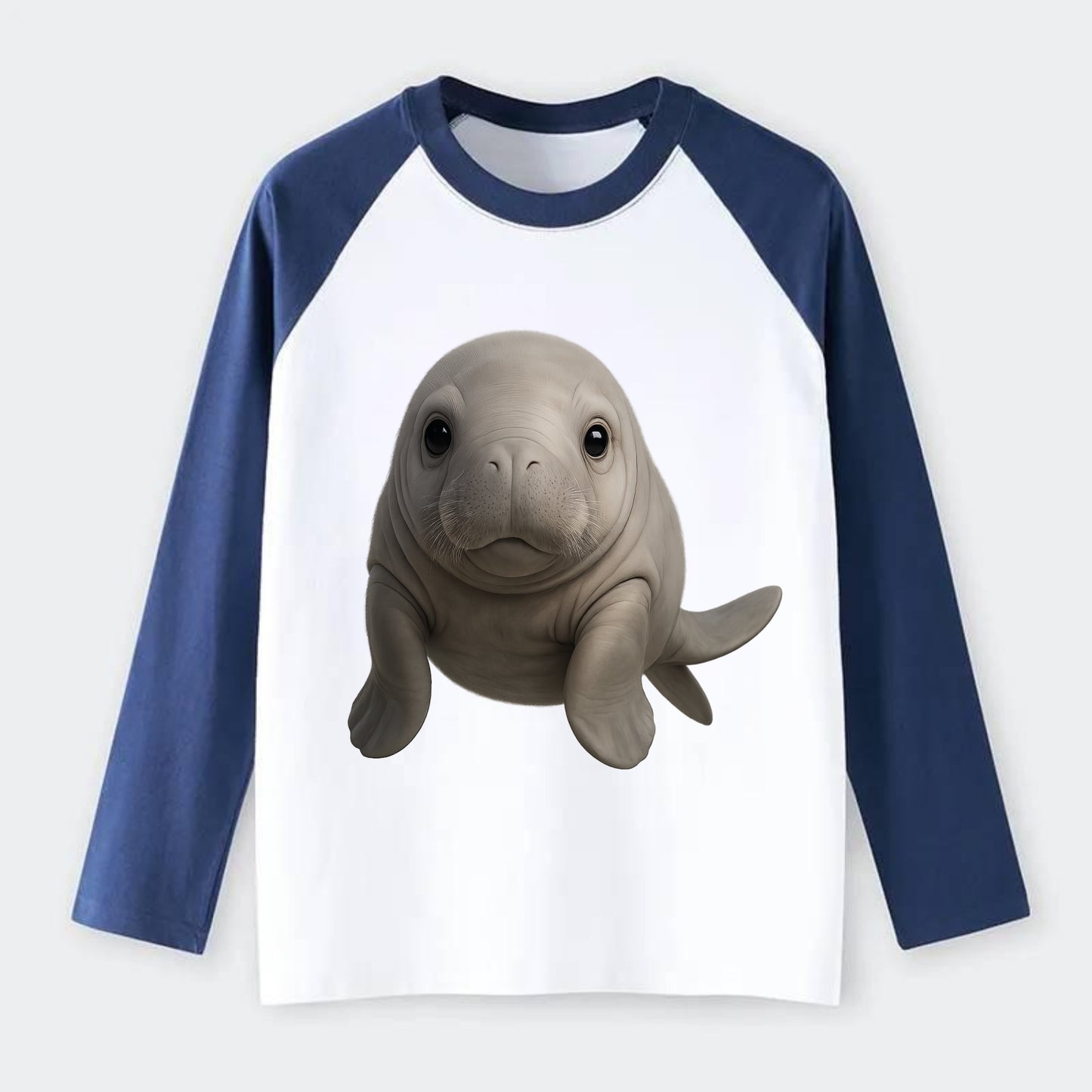 Baby Dugong - gray with paddle tail, gentle expression, whiskers, - Raglan Long Sleeve T-Shirt - Blue
