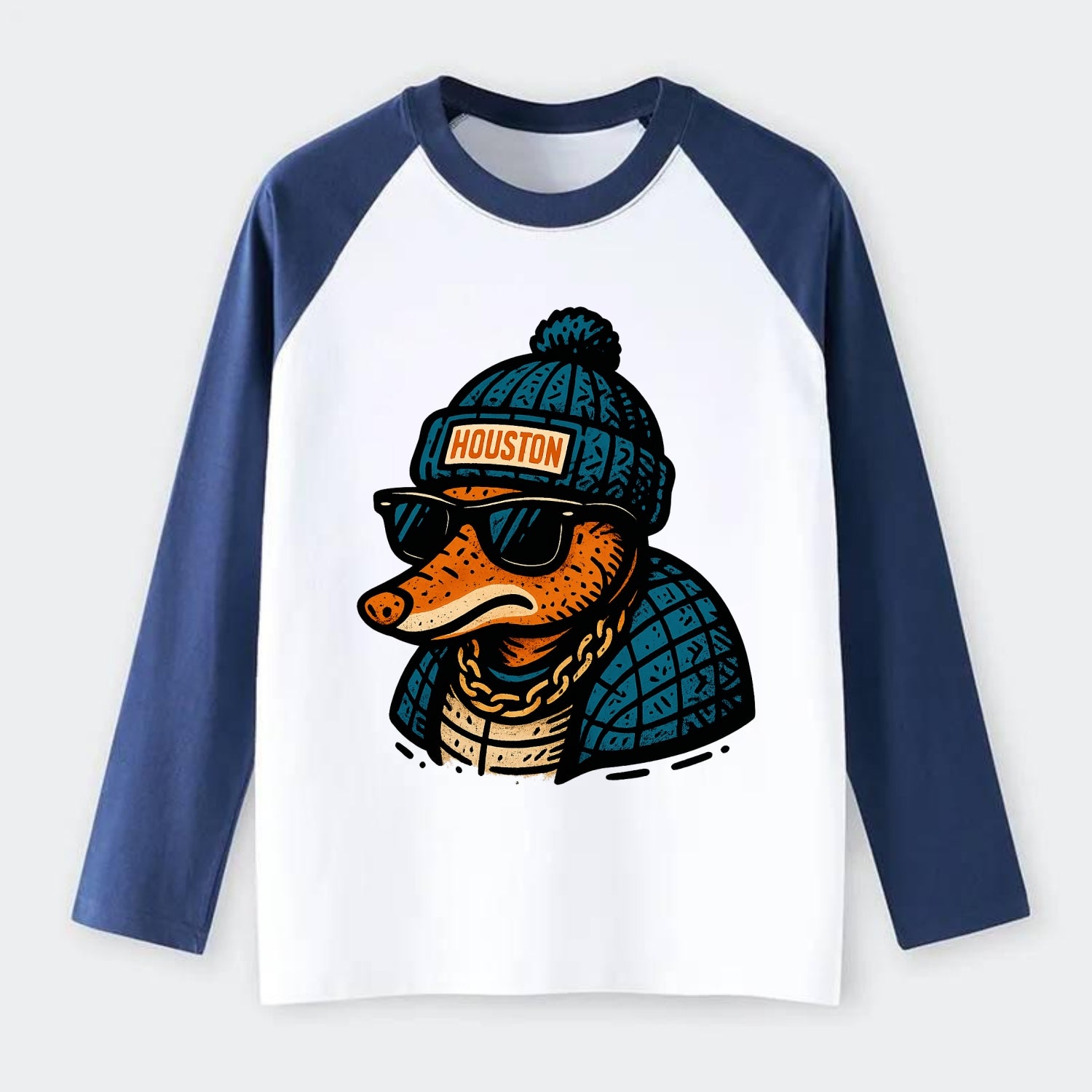 Houston Armadillo wearing Houston beanie with pom pom and wayfarer - Raglan Long Sleeve T-Shirt - Blue