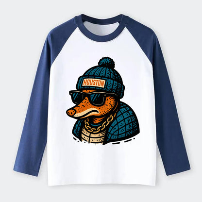 Houston Armadillo wearing Houston beanie with pom pom and wayfarer - Raglan Long Sleeve T-Shirt - Blue