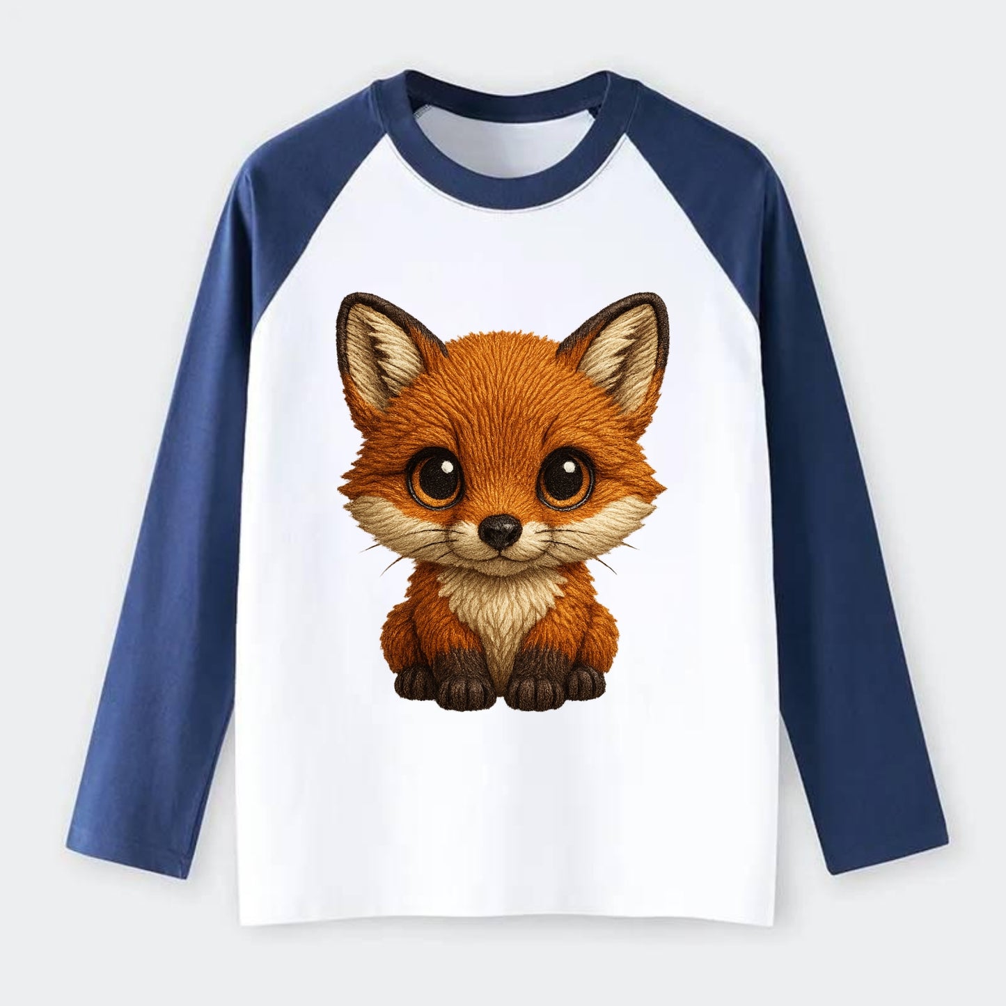 Baby Red Fox - russet fur, white chest, big amber eyes, perky ears, - Raglan Long Sleeve T-Shirt - Blue