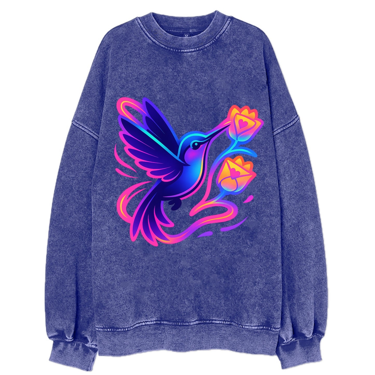Hummingbird delivering miniature love letters tucked inside flower envelopes - Vintage Sweatshirt - Blue
