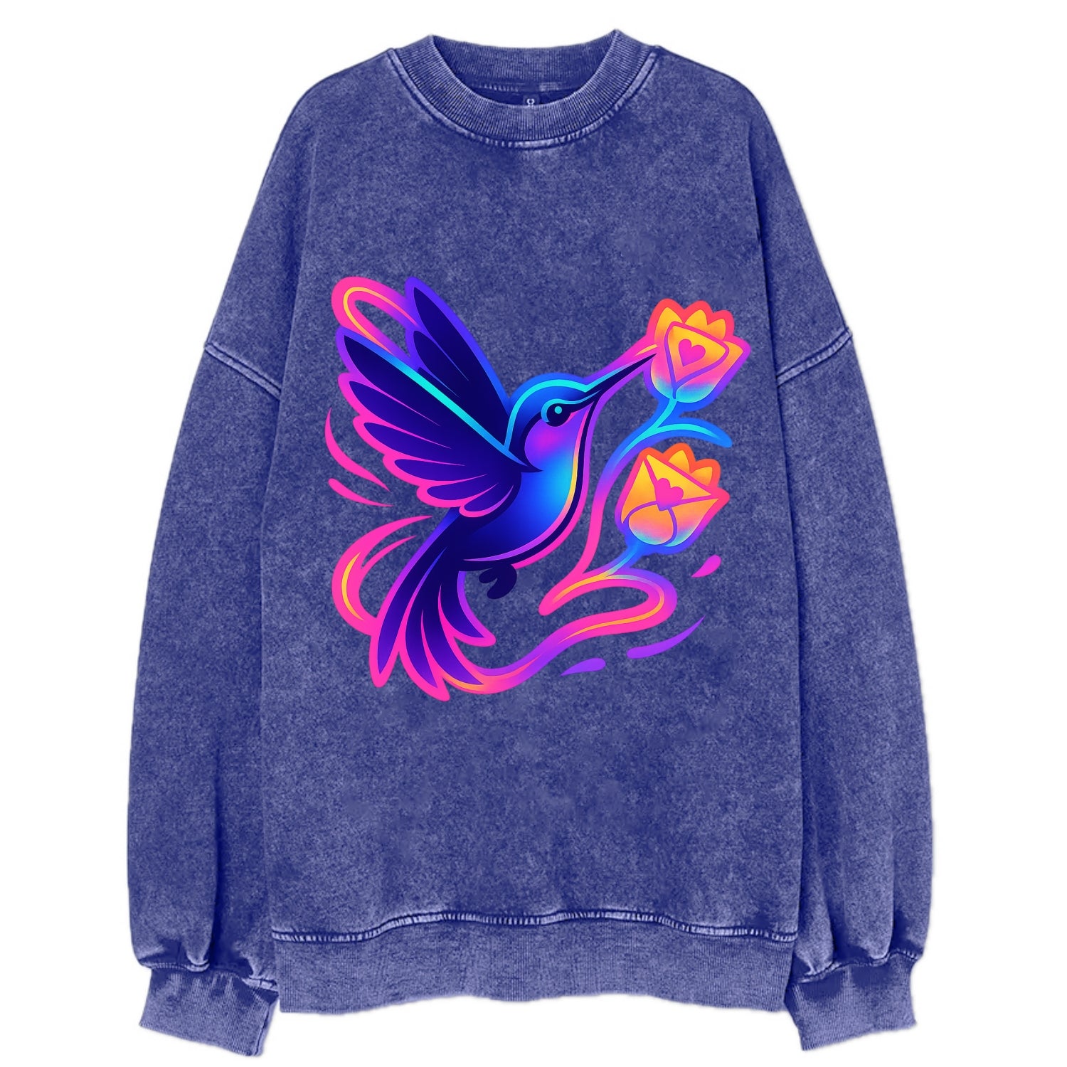 Hummingbird delivering miniature love letters tucked inside flower envelopes - Vintage Sweatshirt - Blue