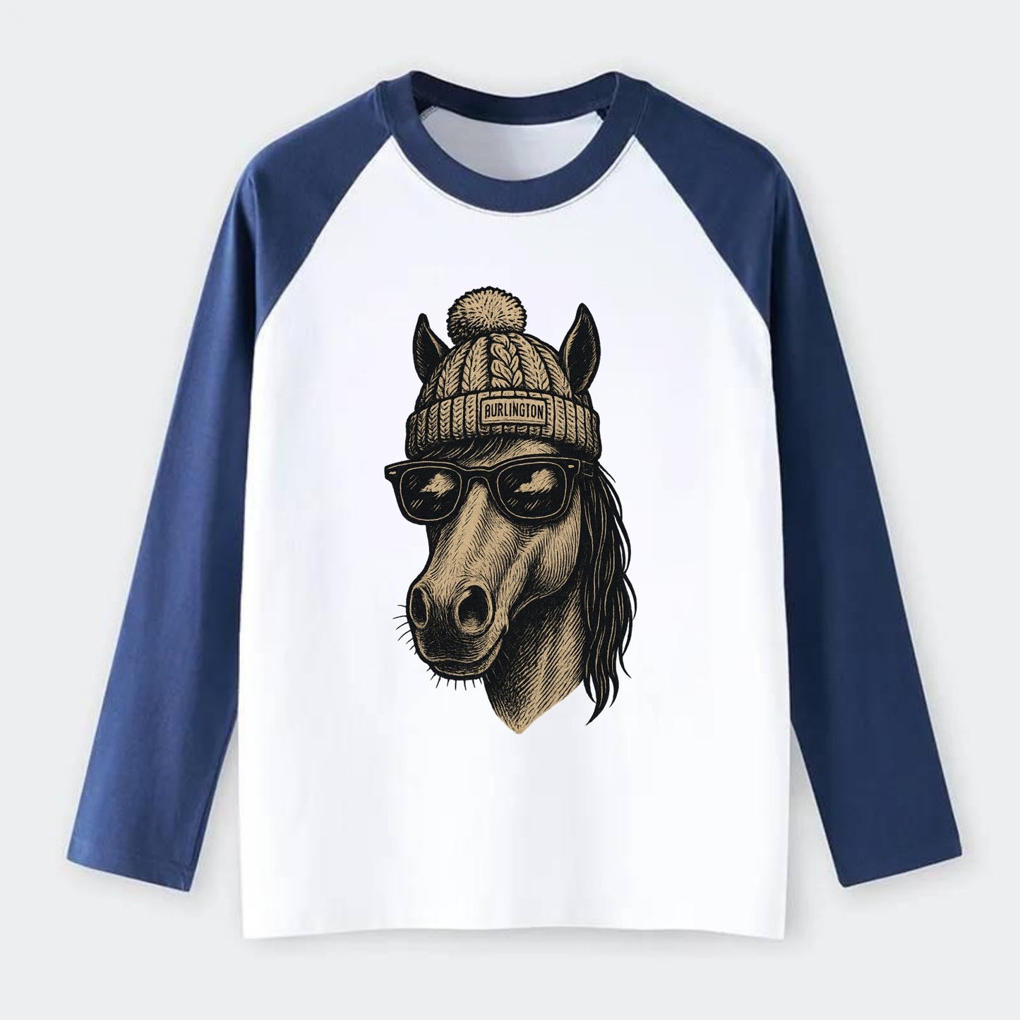 Vermont Morgan Horse wearing Burlington beanie with pom pom and - Raglan Long Sleeve T-Shirt - Blue