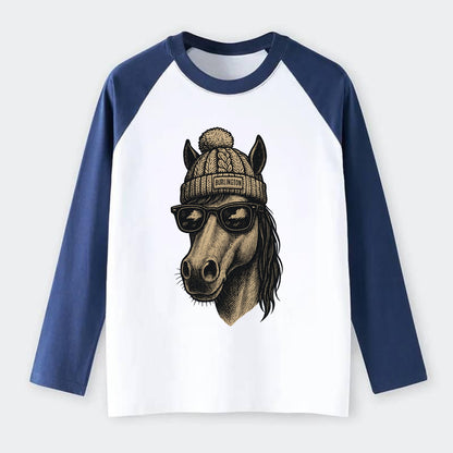 Vermont Morgan Horse wearing Burlington beanie with pom pom and - Raglan Long Sleeve T-Shirt - Blue