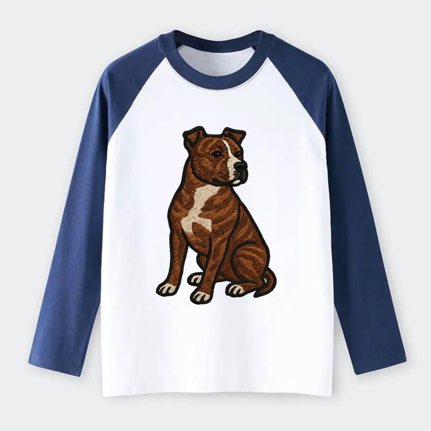 American Staffordshire Terrier - Brindle embroidered pose - Raglan Long Sleeve T-Shirt - Blue