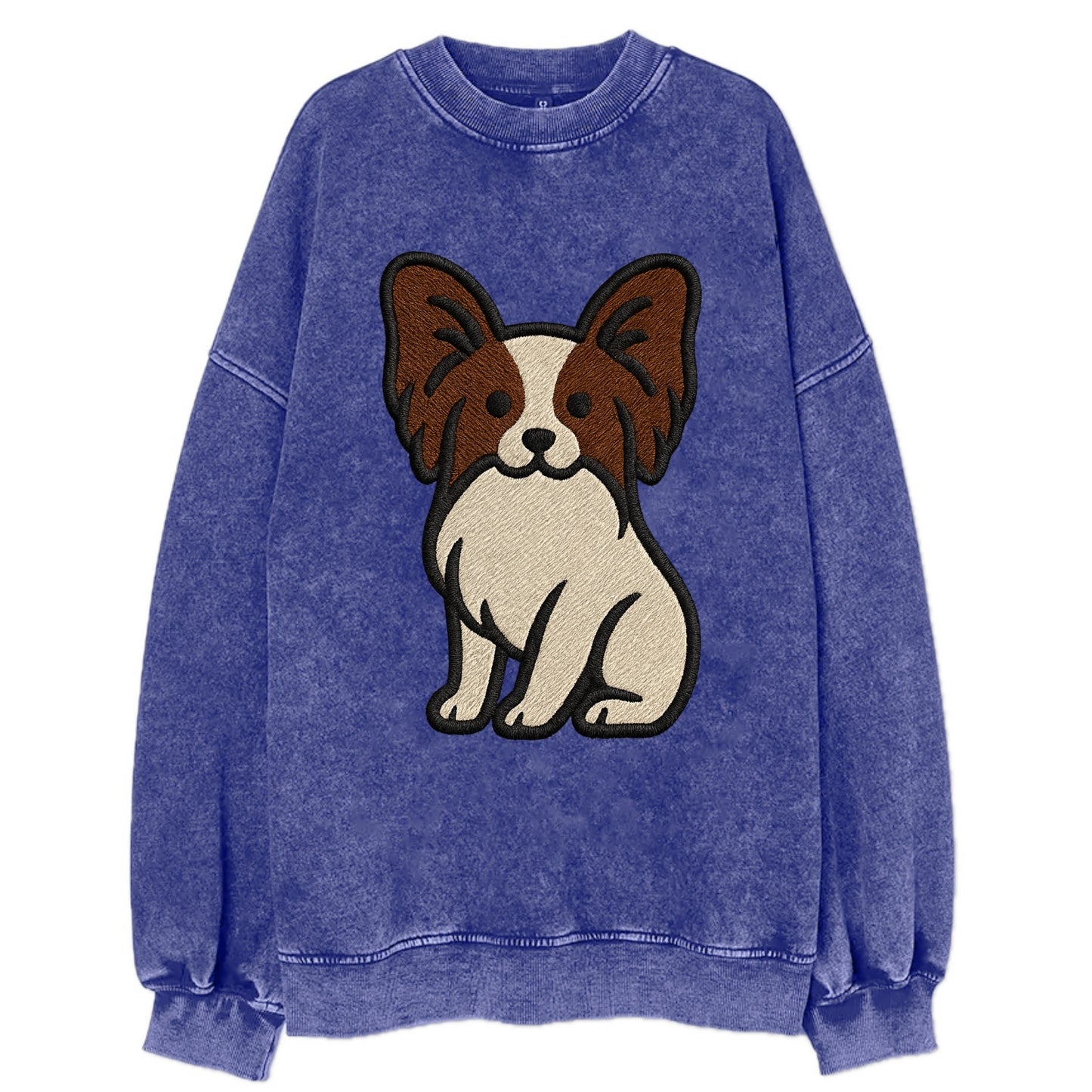 Papillon - White with brown ears sitting Vintage Sweatshirt - Blue