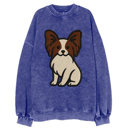 Papillon - White with brown ears sitting Vintage Sweatshirt - Blue