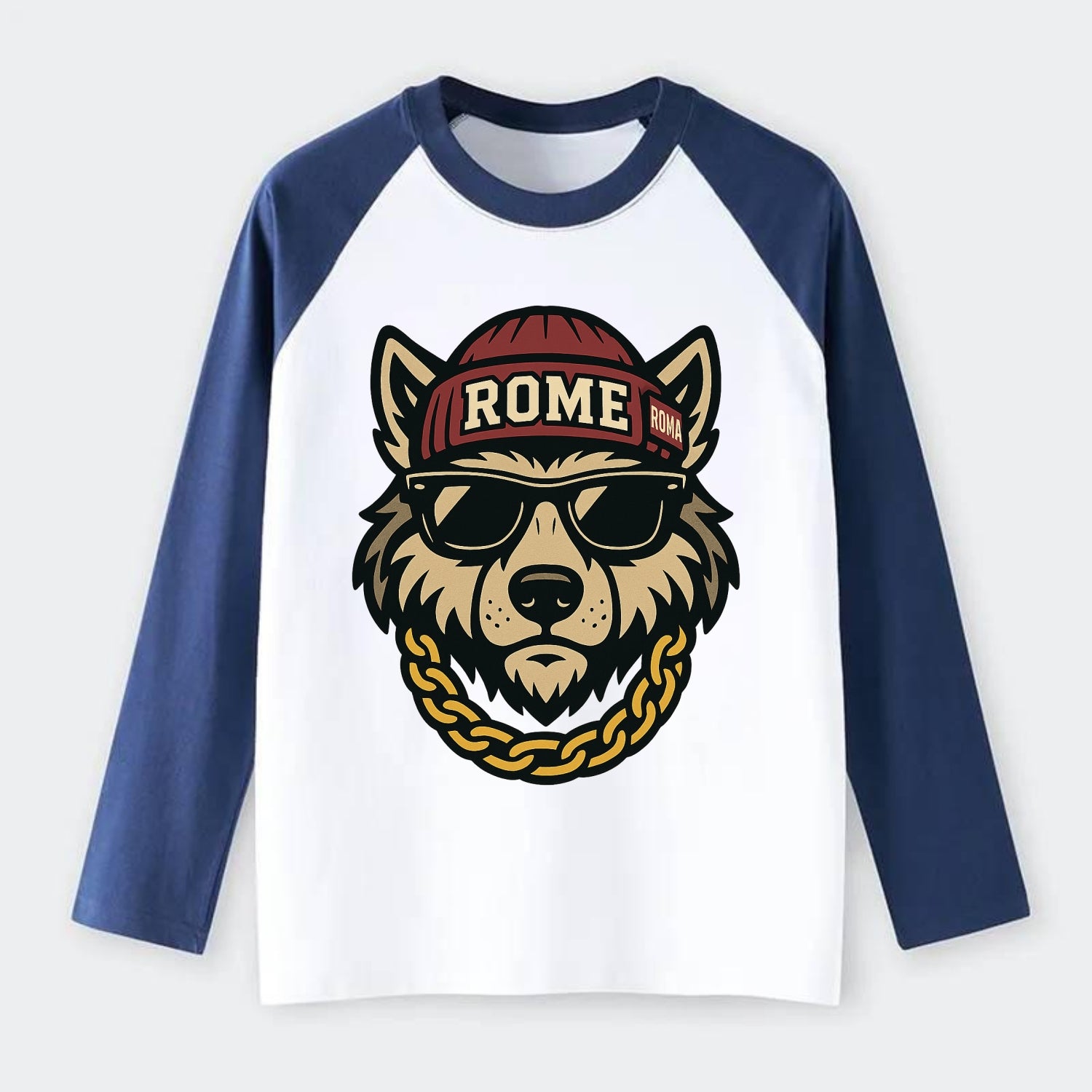 Rome Wolf - Raglan Long Sleeve T-Shirt - Blue